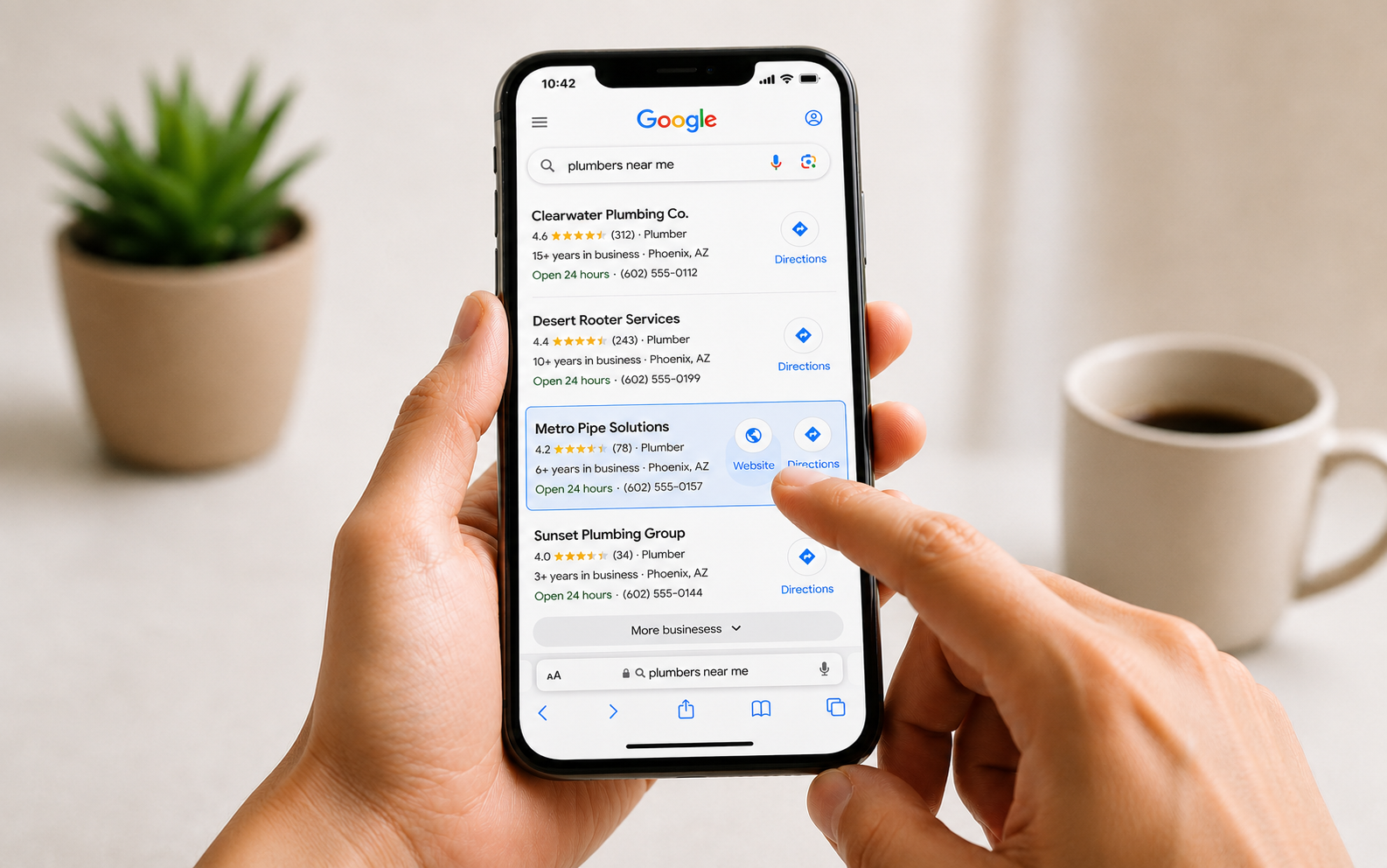 A person holding a smartphone showing local plumber search results